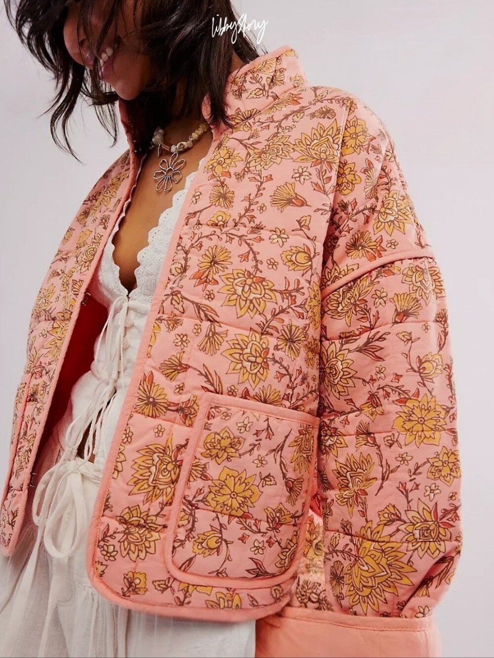 FREE PEOPLE Chloe Quilted Jacket Peach Combo Floral EUC